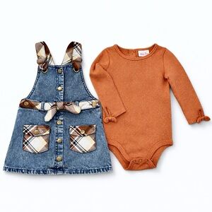 Little Lass 24M Toddler Girl Plaid Denim Pinafore Dress w/ Rust Sparkle Bodysuit